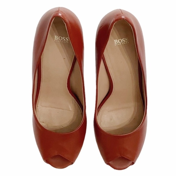 HUGO BOSS COGNAC BROWN LEATHER PEEP TOE HIGH HEELS - 38 - Picture 3 of 13